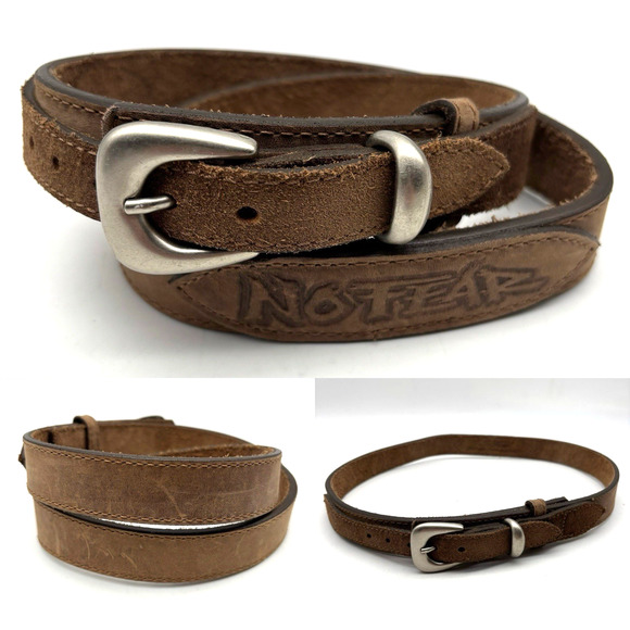 Vintage 90s NO FEAR 8641C Brown Genuine Leather Logo Belt 32 Handmade in Mexico - Picture 1 of 16
